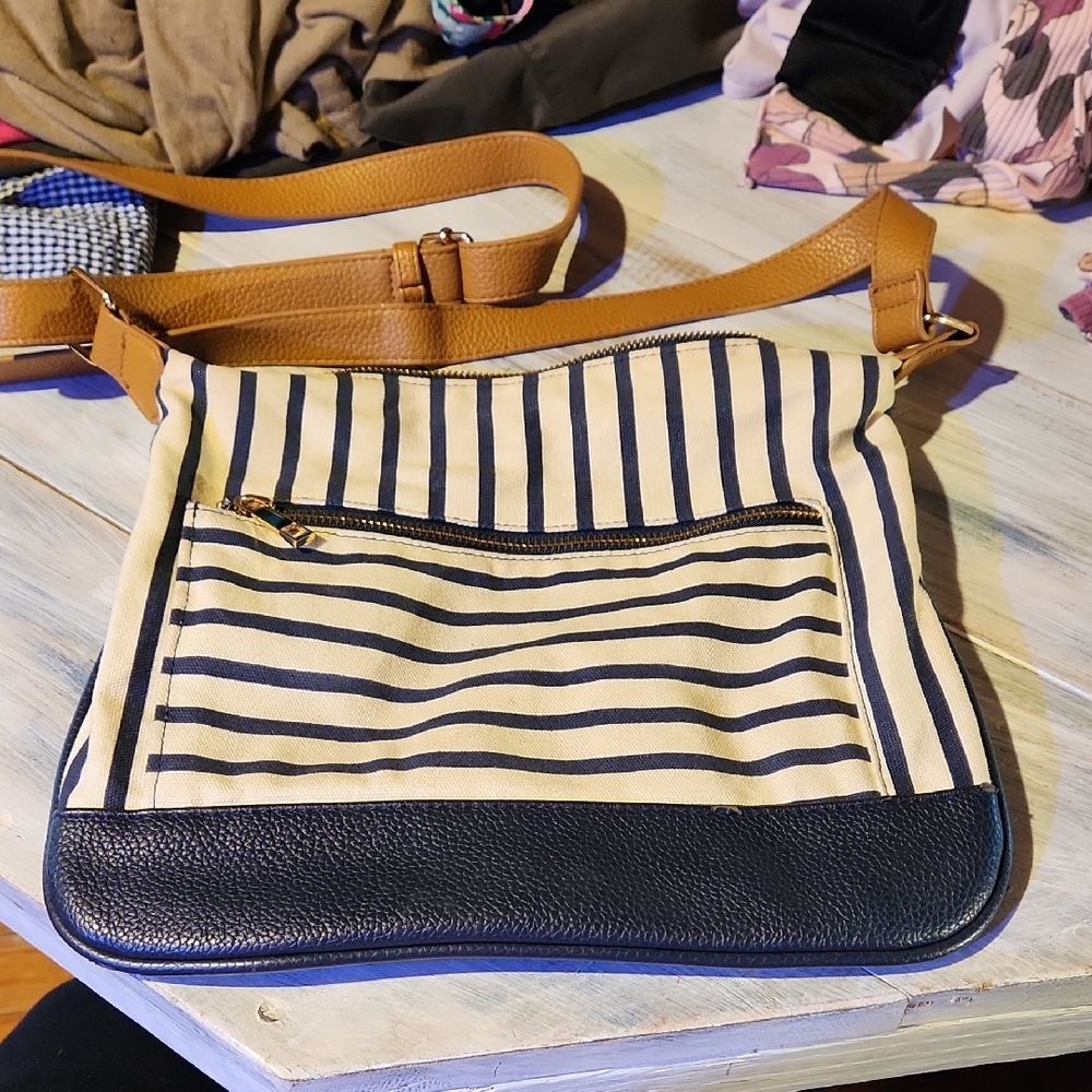a new day Tan and Navy Striped Crossbody Bag